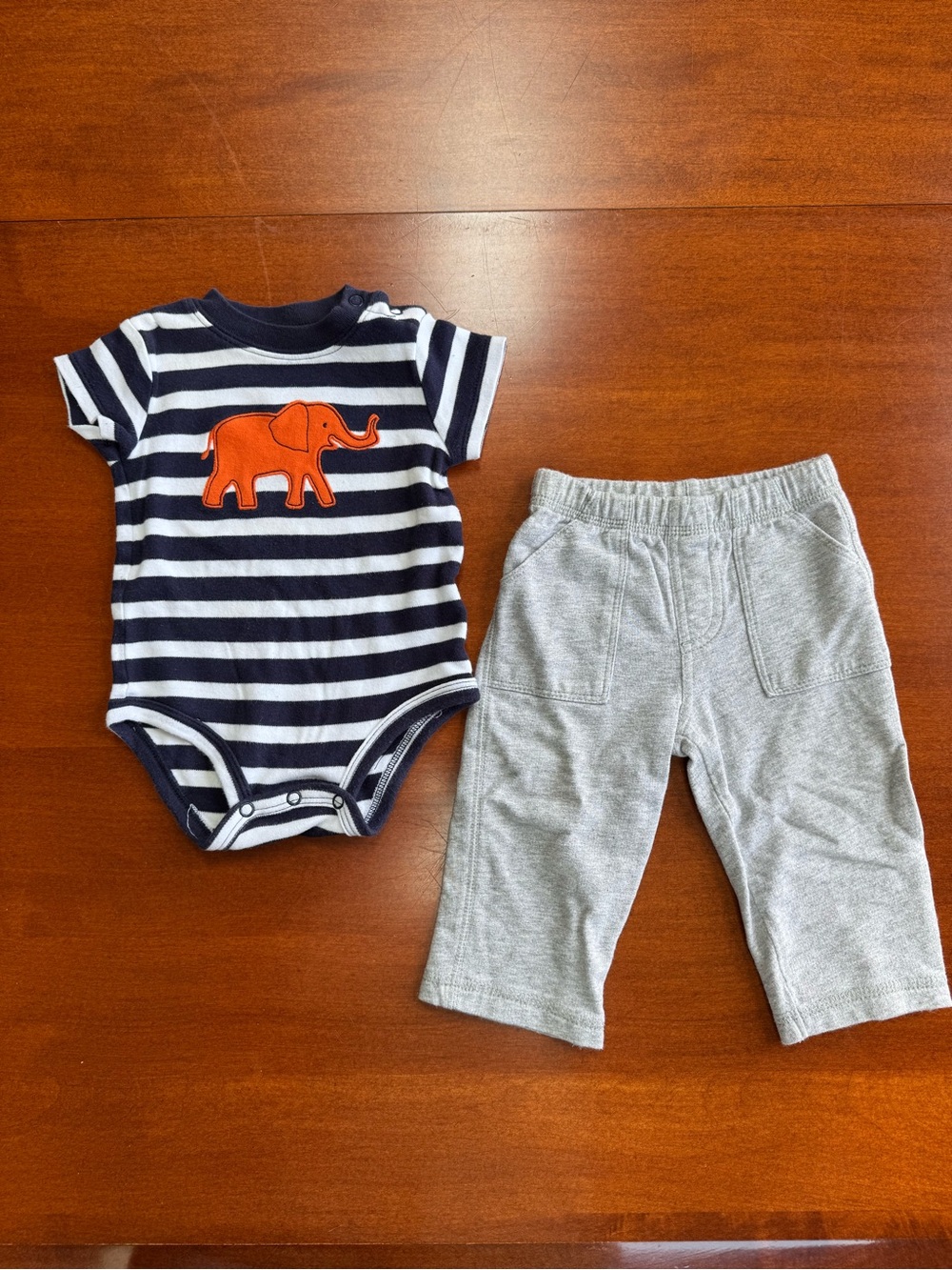 Carter's Navy & White Striped Bodysuit with Orange Elephant and Gray Pants - Picture 1 of 4